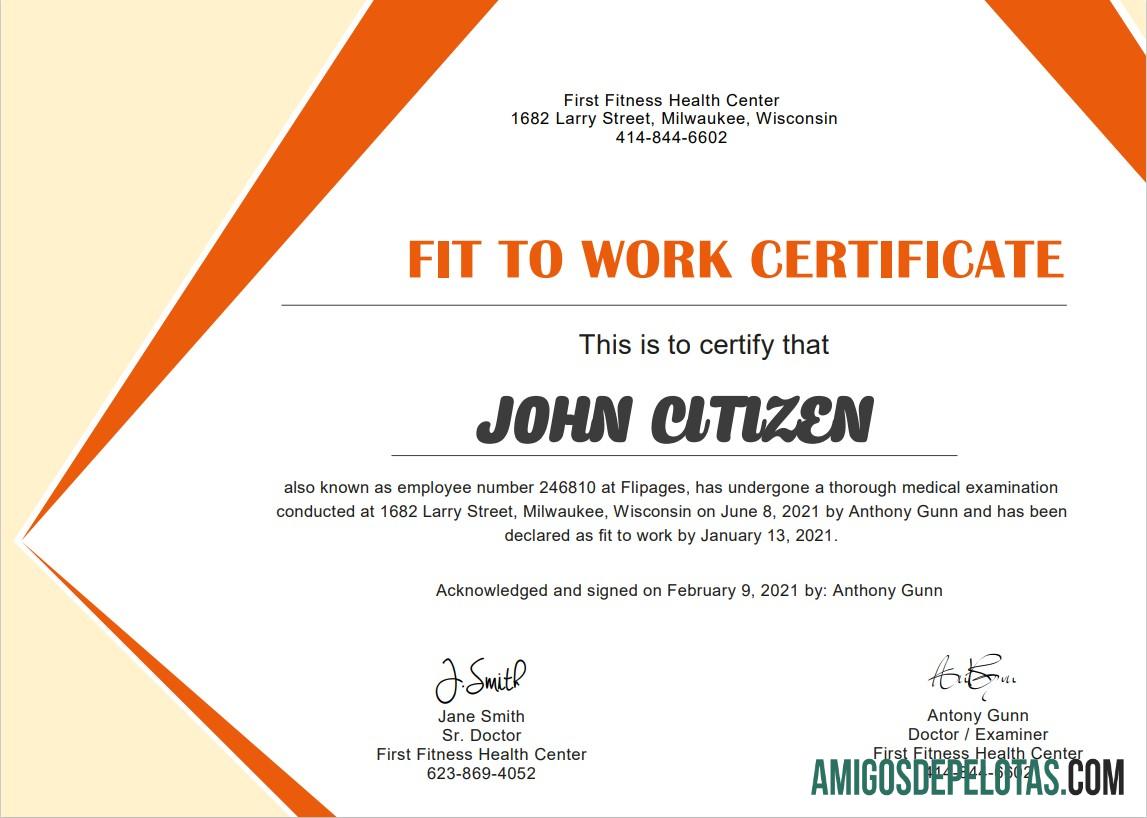 Certificado de aptidão médica dos EUA exemplo